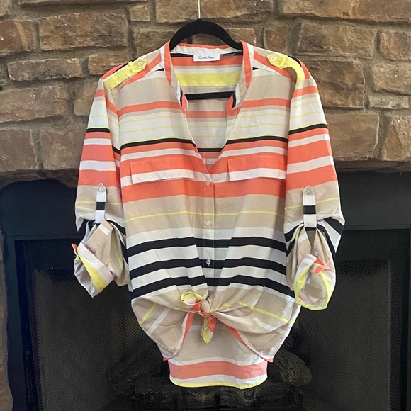 Calvin Klein orange, yellow, black, tan and white Striped Blouse. XL - Picture 1 of 9
